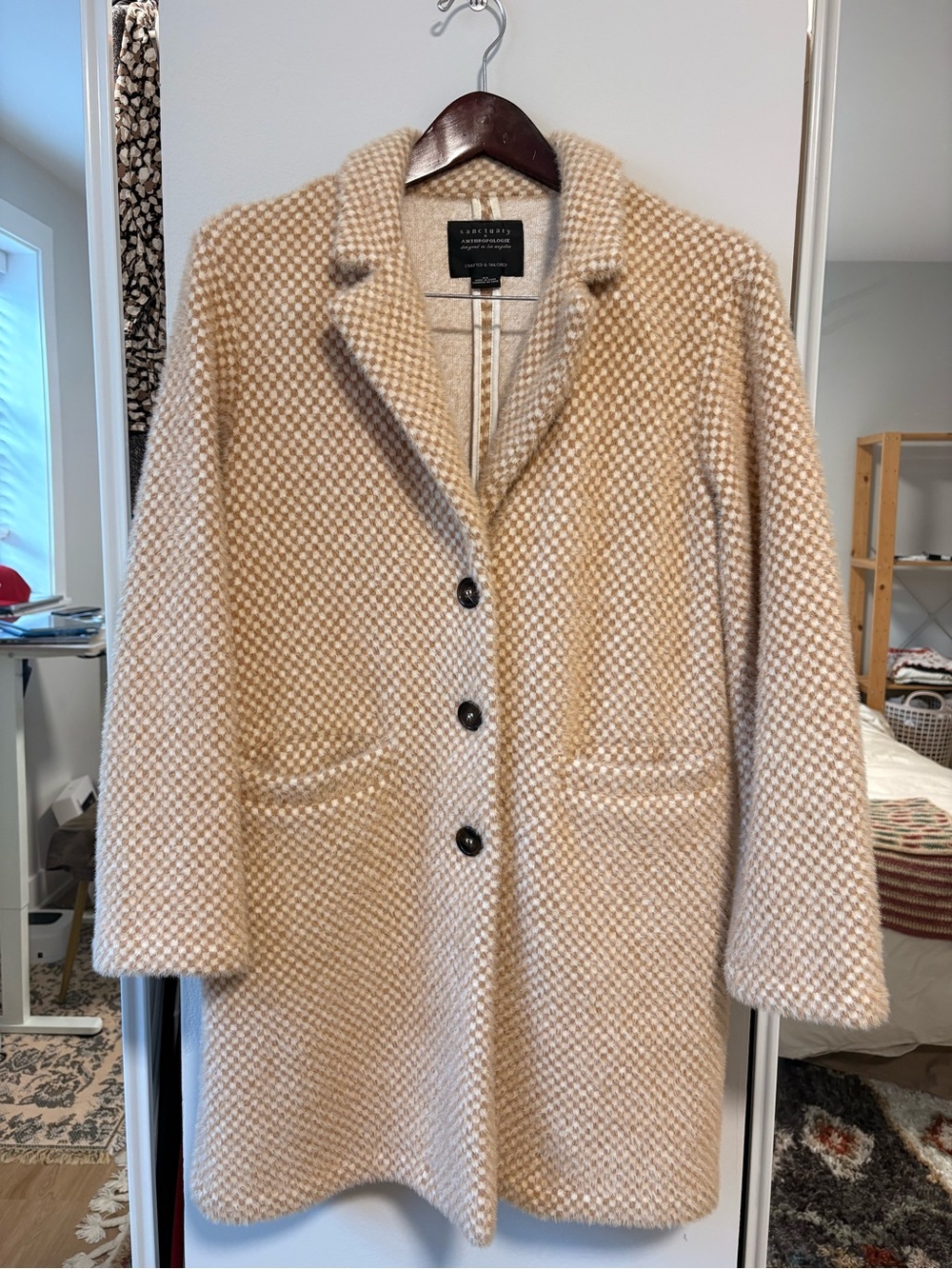 Anthropologie Cream & Tan Checked Wool Peacoat
